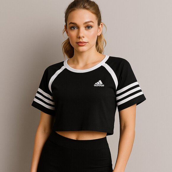 Adidas Girls Vintage Black and White Short Sleeve Cropped Tee Size Med - Picture 1 of 7